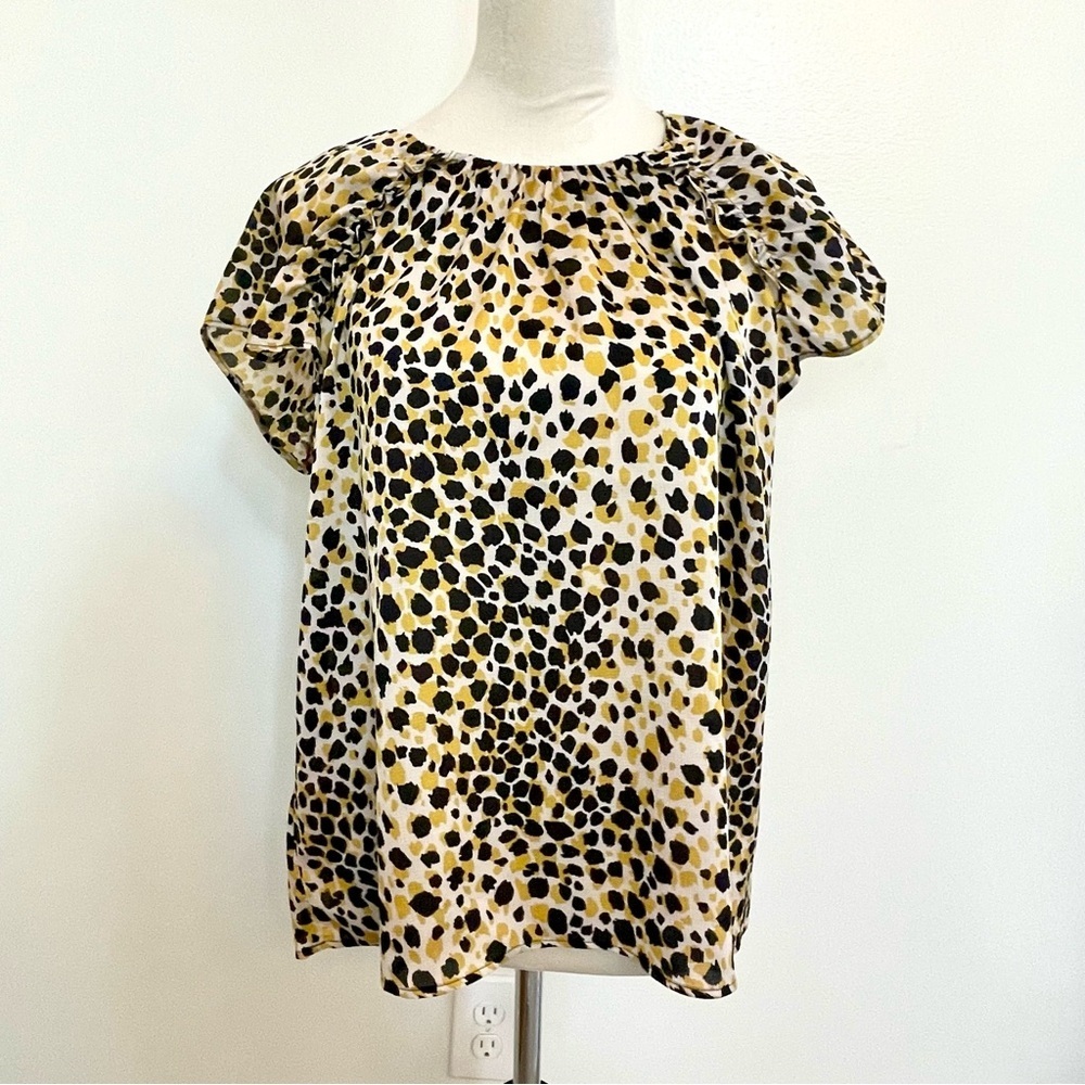 Ann Taylor Petite MP Leopard Animal Print Puff Sleeve Blouse Yellow Black